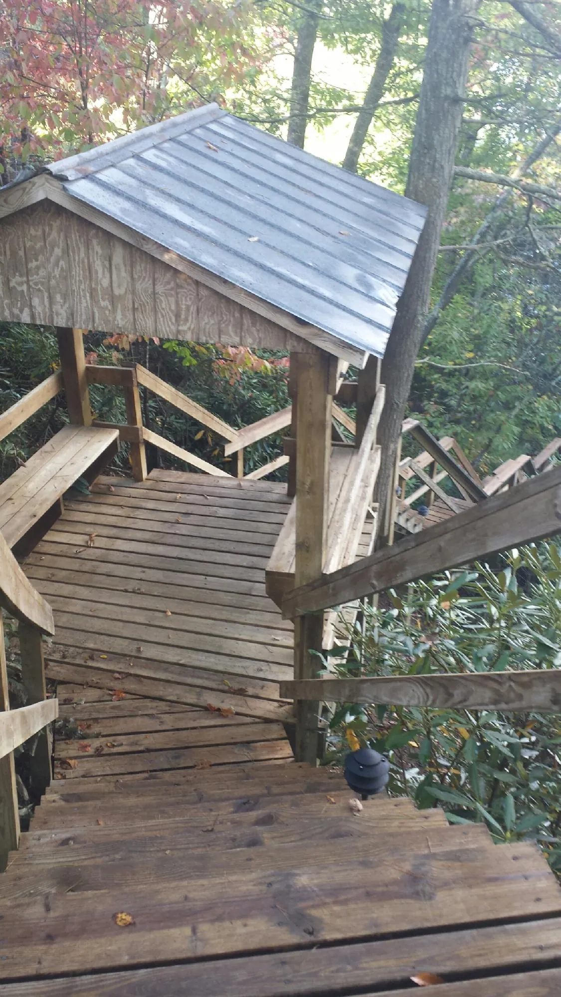 Metal roofed shelter over wooden steps on a wooded walkway — Skylight Repair & Installation work by our crew in Swan